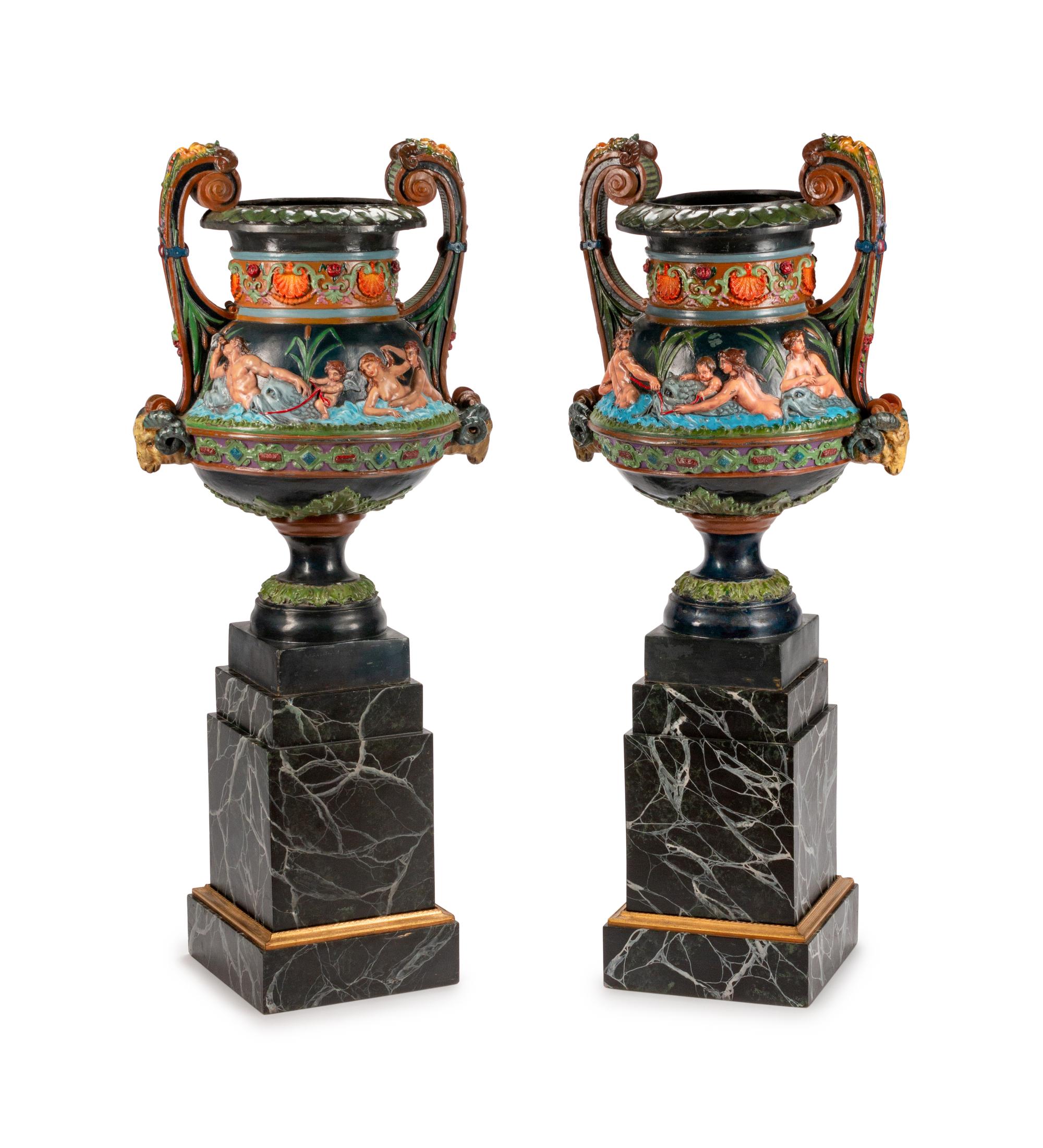 A Pair of Rococo Style Polychromed Bronze Urns