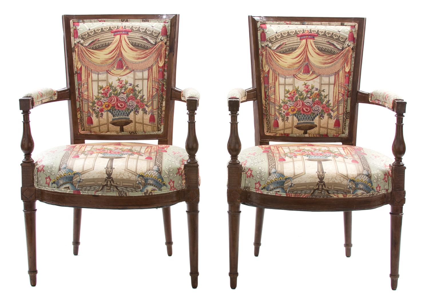 A Pair of Louis XVI Style Carved Fruitwood and Upholstered Fautueils Height 35 x width 22 x depth 18 inches. — 19TH CENTURY