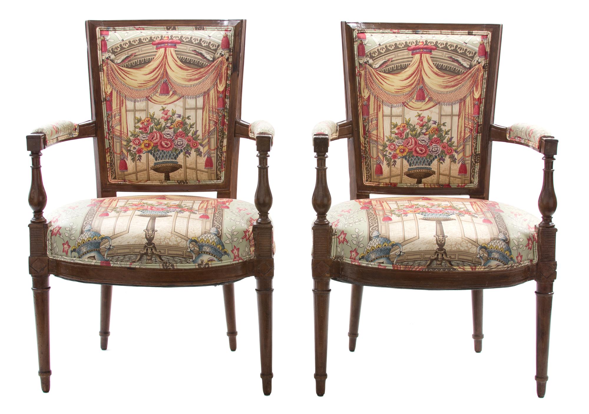A Pair of Louis XVI Style Carved Fruitwood and Upholstered Fautueils Height 35 x width 22 x depth 18 inches. — 19TH CENTURY