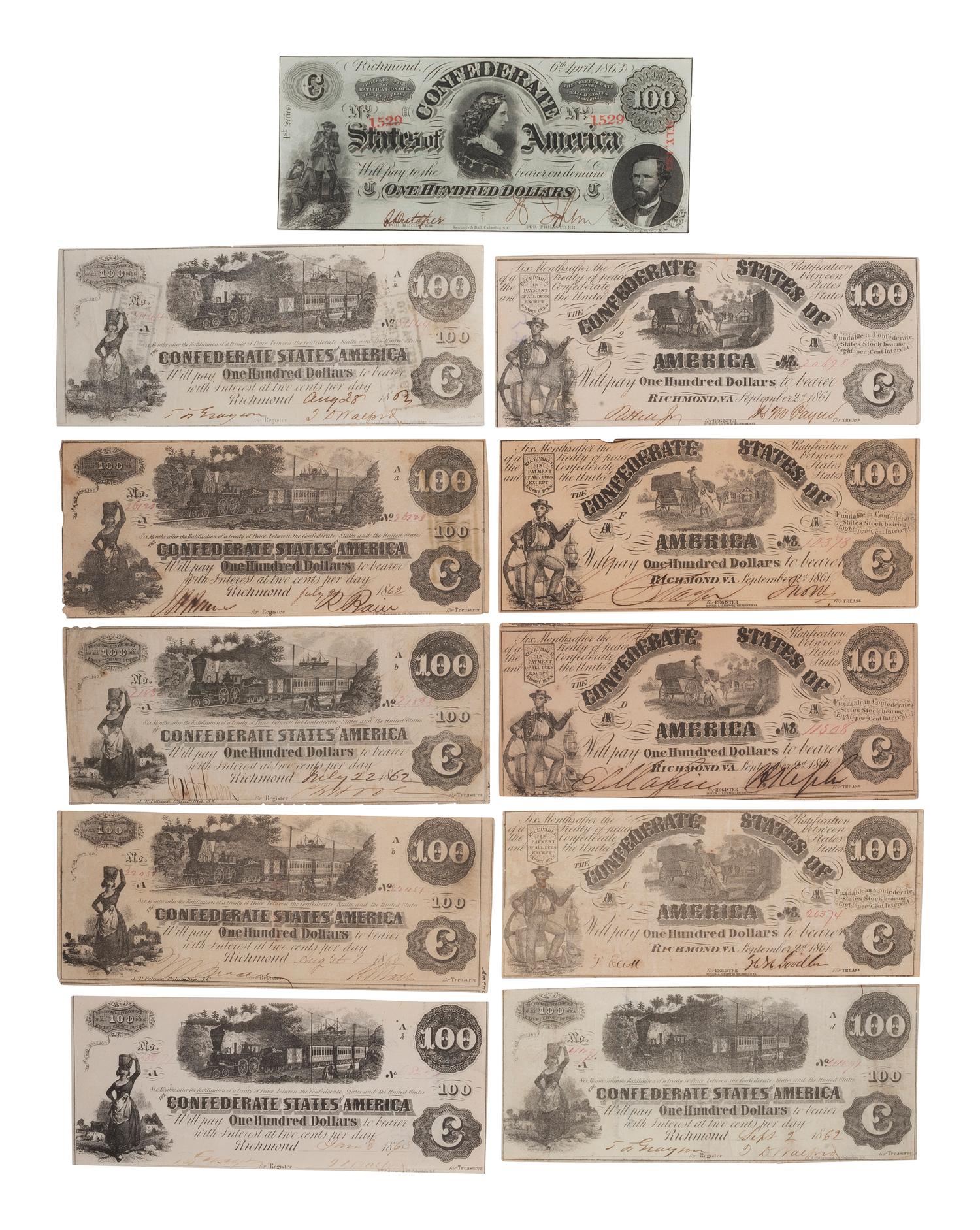 [CONFEDERATE - CURRENCY]. A large group of Confederate notes.