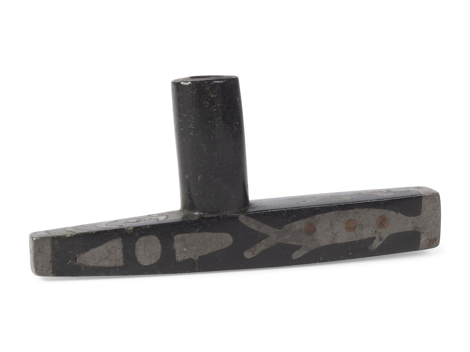 Great Lakes Steatite Pipe Bowl, with Catlinite and Lead Inlay