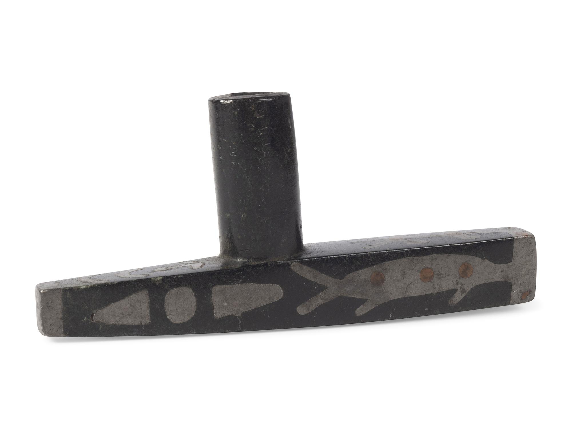 Great Lakes Steatite Pipe Bowl, with Catlinite and Lead Inlay
