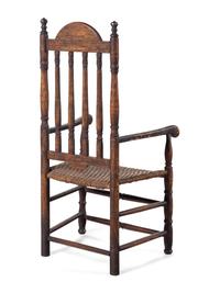 A William and Mary Style Parcel Gilt and Red Painted, Fan-Carved Bannister Back Woven Splint Seat Armchair