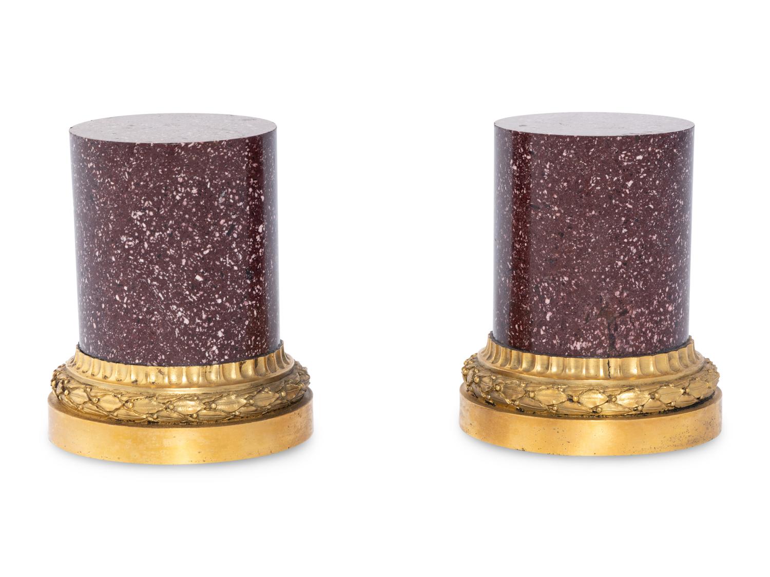 A Pair of French Gilt Bronze Mounted Porphyry Small Pedestals