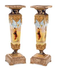 A Pair of Continental Gilt and Transfer-Printed Metal Mounted Marble Pedestals