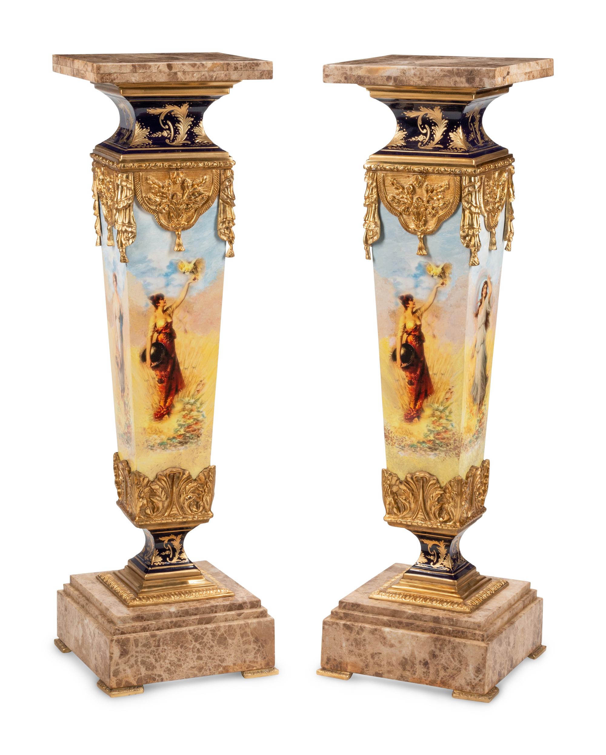 A Pair of Continental Gilt and Transfer-Printed Metal Mounted Marble Pedestals