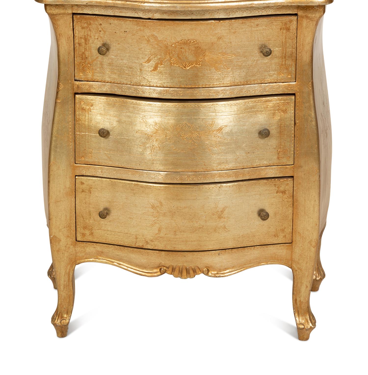 A Silvered Wood Vitrine Cabinet on Three Drawer Bombe Commode Base