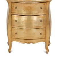 A Silvered Wood Vitrine Cabinet on Three Drawer Bombe Commode Base