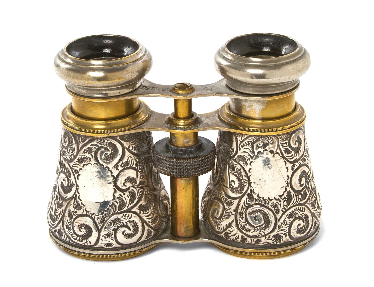 A Pair of English Silver Mounted Opera Glasses, possibly B H Joseph & Co, Width 4 5/8 inches.