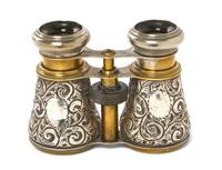 A Pair of English Silver Mounted Opera Glasses, possibly B H Joseph & Co, Width 4 5/8 inches.