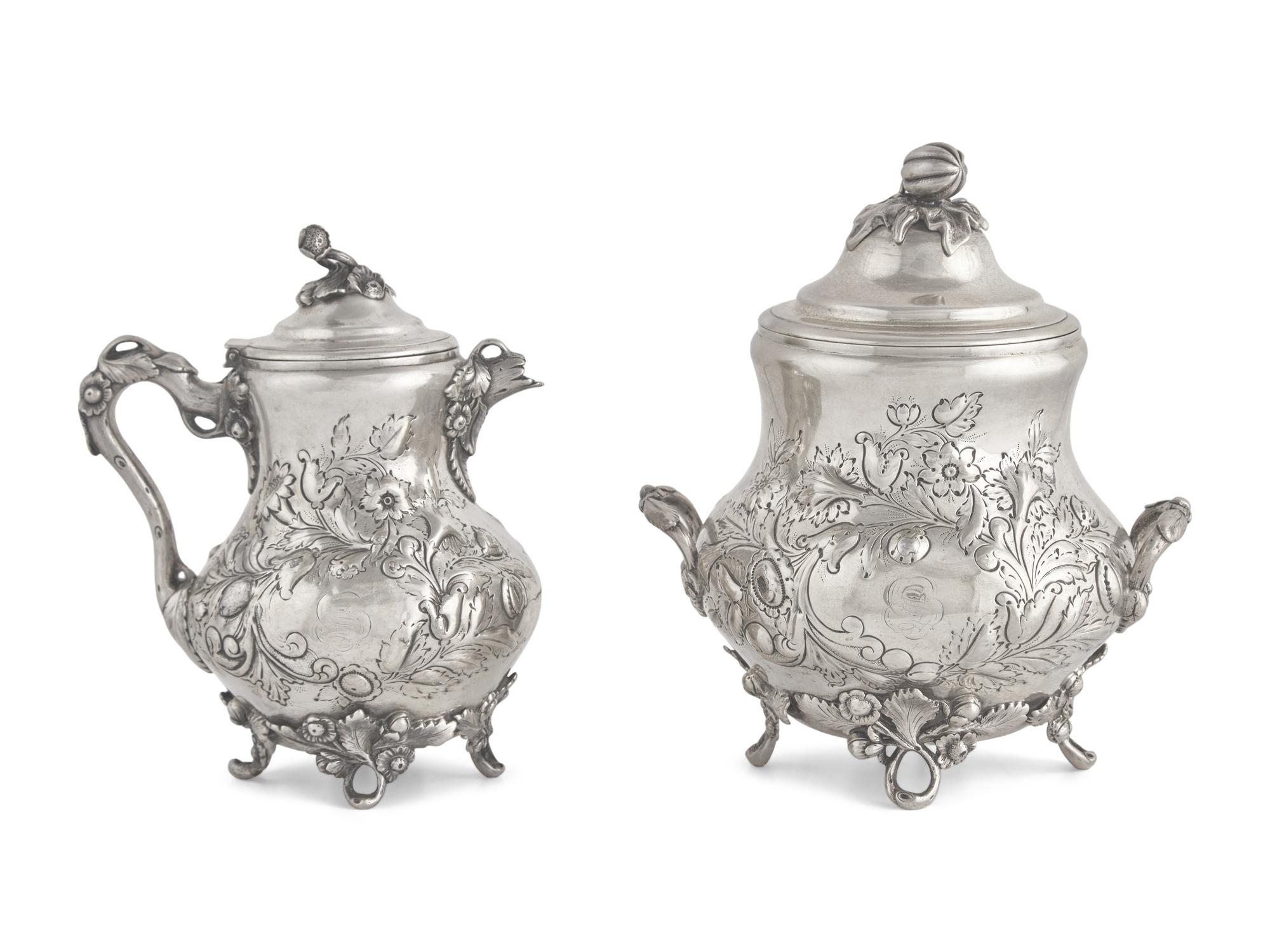 A Coin Silver Floral Repousse Covered Milk Jug and Covered Sugar Dish, Gorham Thurber (active 1850-1852), Providence, RI, 1850-1852