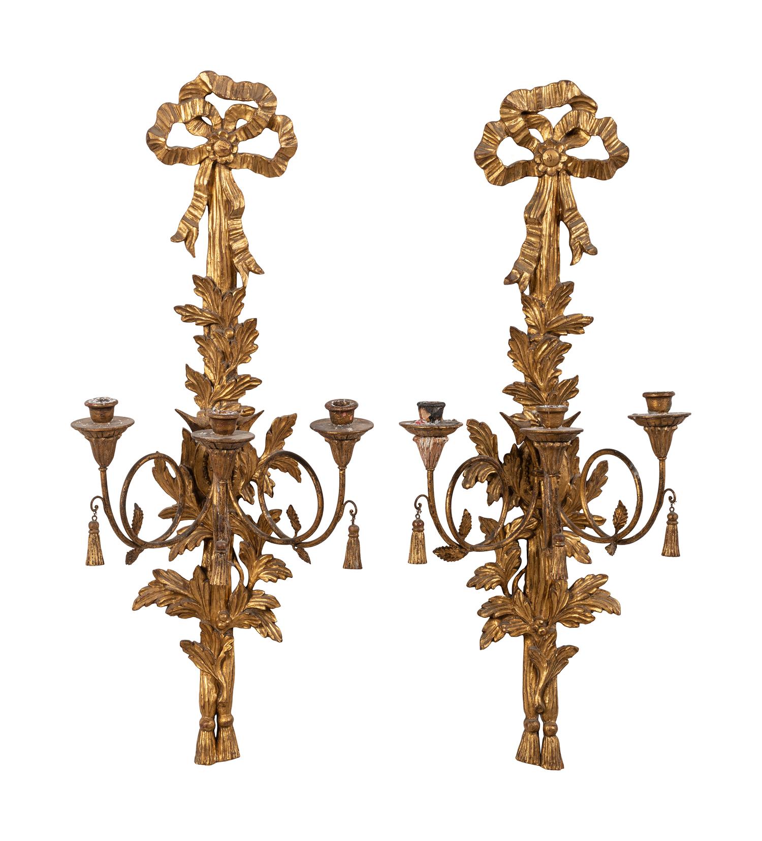 A Pair of Italian Carved Giltwood Three-Light Wall Sconces
