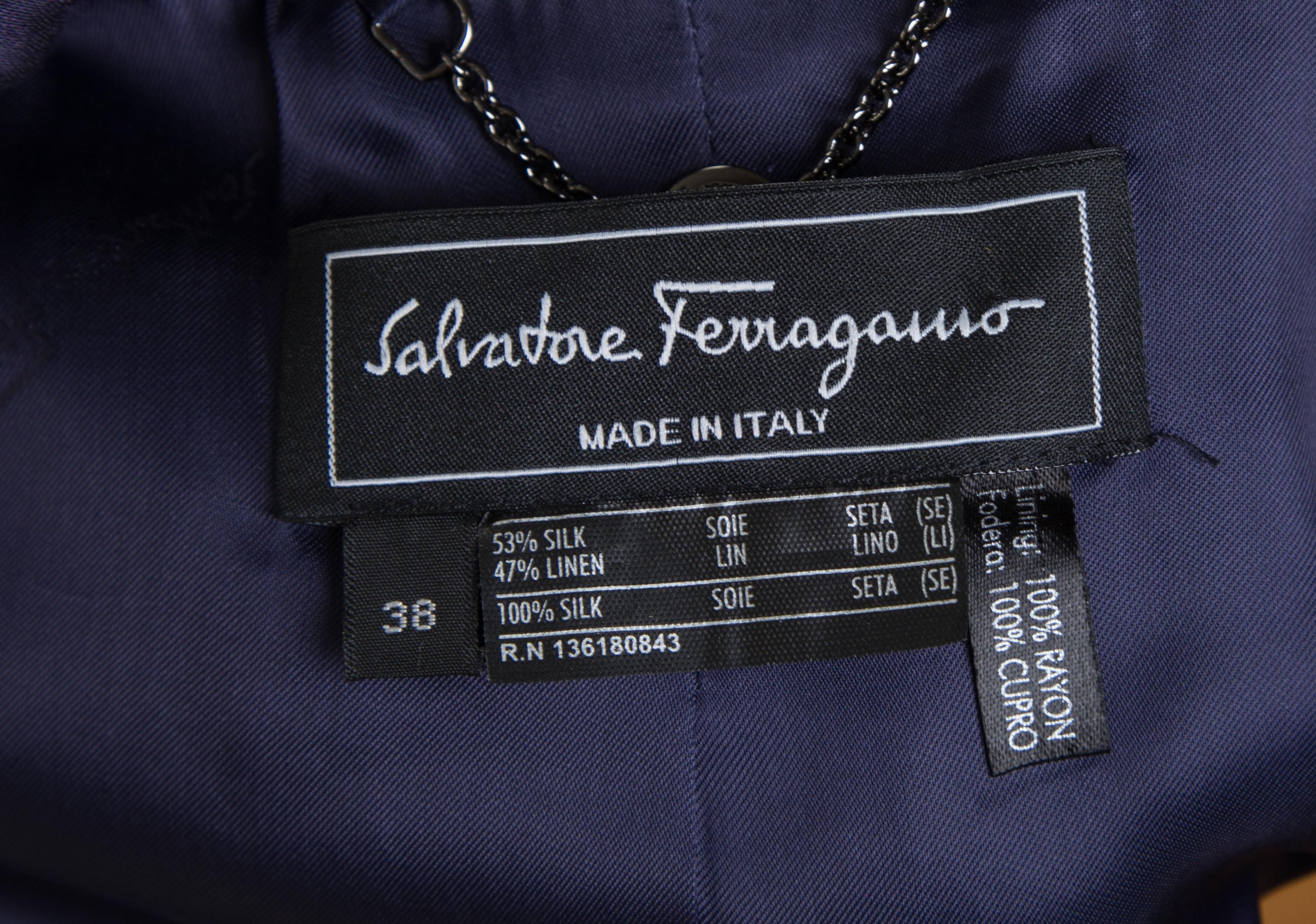 A Salvatore Ferragamo Navy Coat and Skirt Ensemble, Jacket size 38, Skirt size 46.