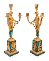 A Pair of Empire Style Gilt Bronze and Malachite Veneered Three-Light Candelabra