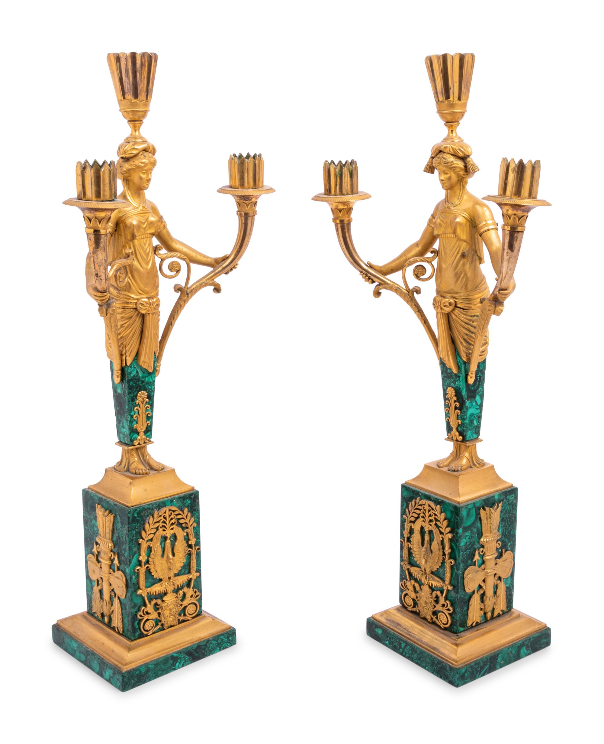 A Pair of Empire Style Gilt Bronze and Malachite Veneered Three-Light Candelabra