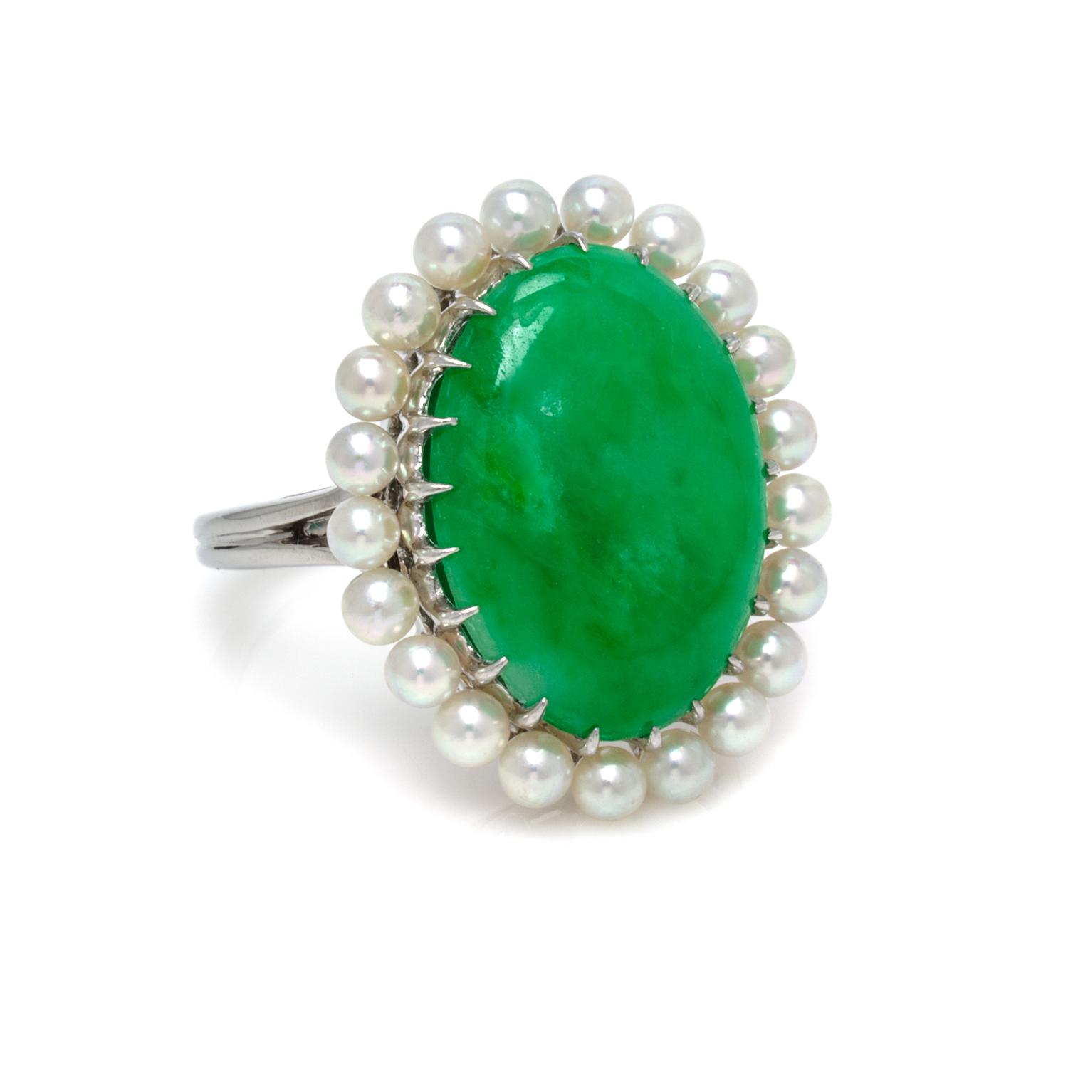 A Platinum, Jadeite Jade and Cultured Pearl Ring, 7.30 dwts.