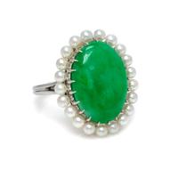 A Platinum, Jadeite Jade and Cultured Pearl Ring, 7.30 dwts.