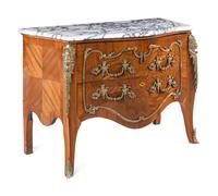 A Louis XV Style Gilt Bronze Mounted Parquetry Marble-Top Commode
