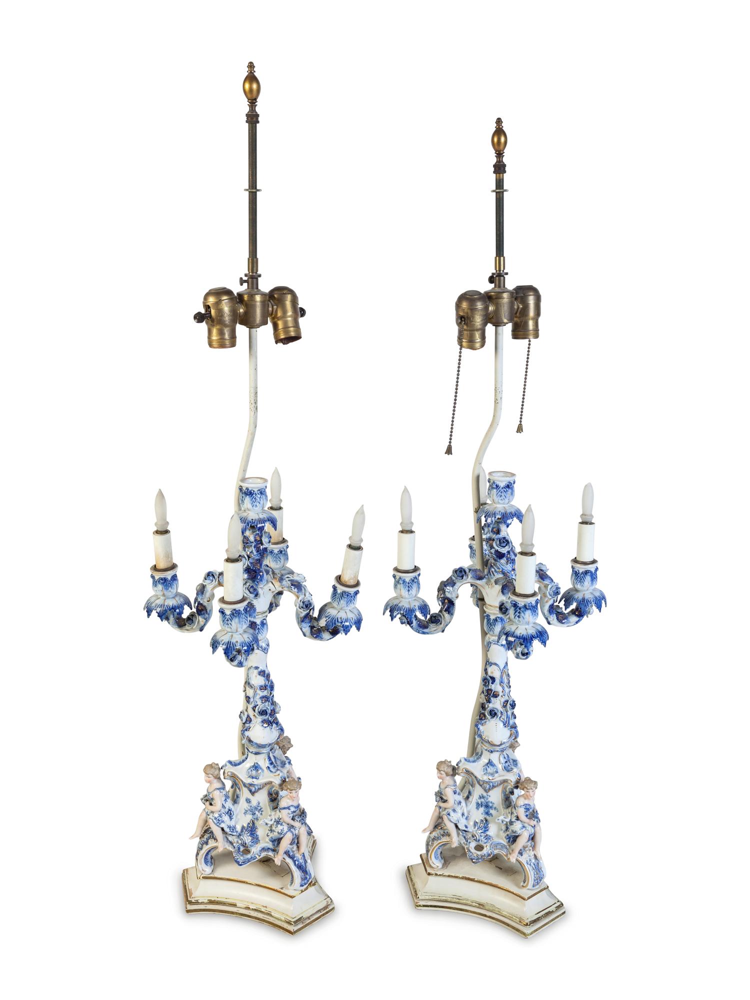 A Pair of Continental Porcelain Candelabra Mounted as Lamps