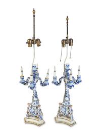A Pair of Continental Porcelain Candelabra Mounted as Lamps