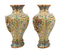A Pair of Chinese Yellow Ground Cloisonné Enamel Vases