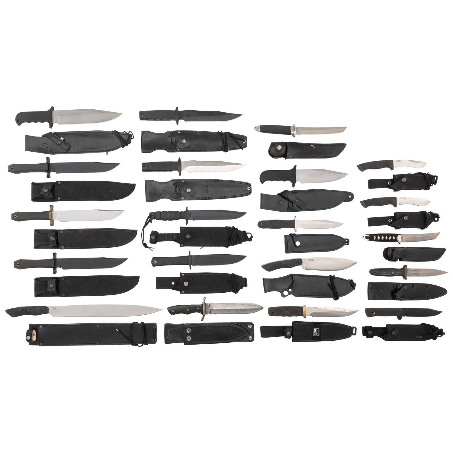 Lot of 20 Modern Tactical and Survival Knives, including Cold Steel, Gerber, SOG and Blackjack