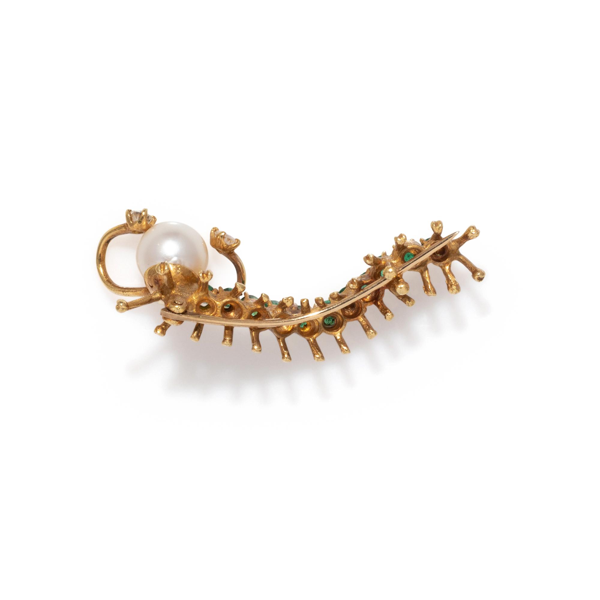 PIERRE TOURAINE, EMERALD, CULTURED PEARL AND DIAMOND CATERPILLAR BROOCH