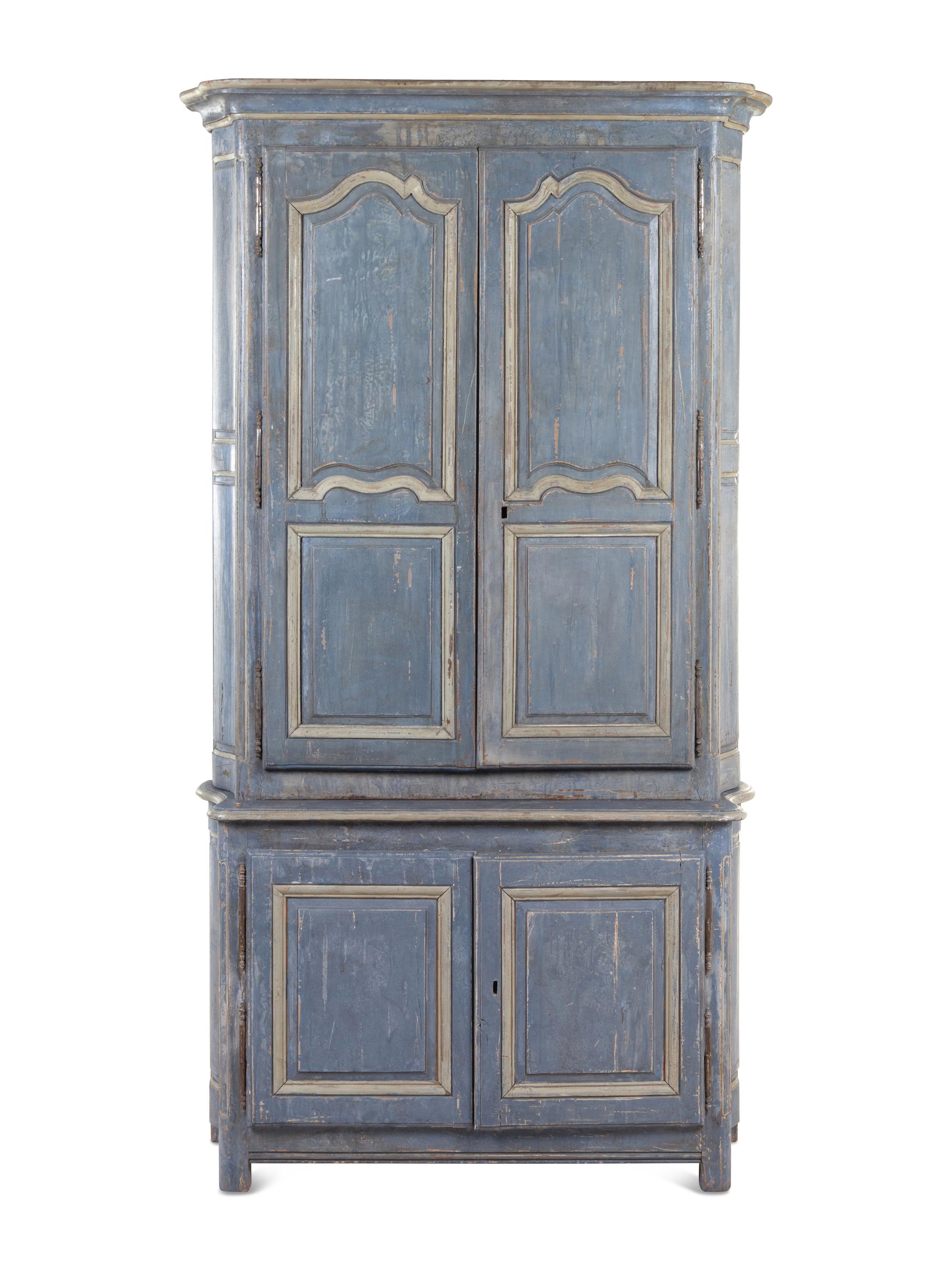 A French Blue-Painted Two-Part Cabinet