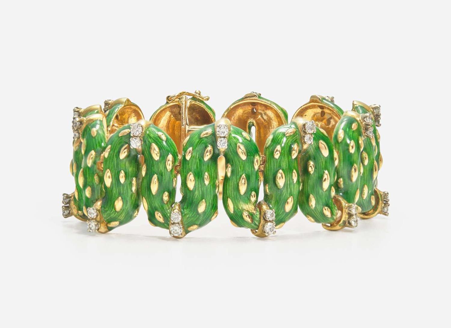 An 18K Yellow Gold, Enamel, and Diamond Bracelet