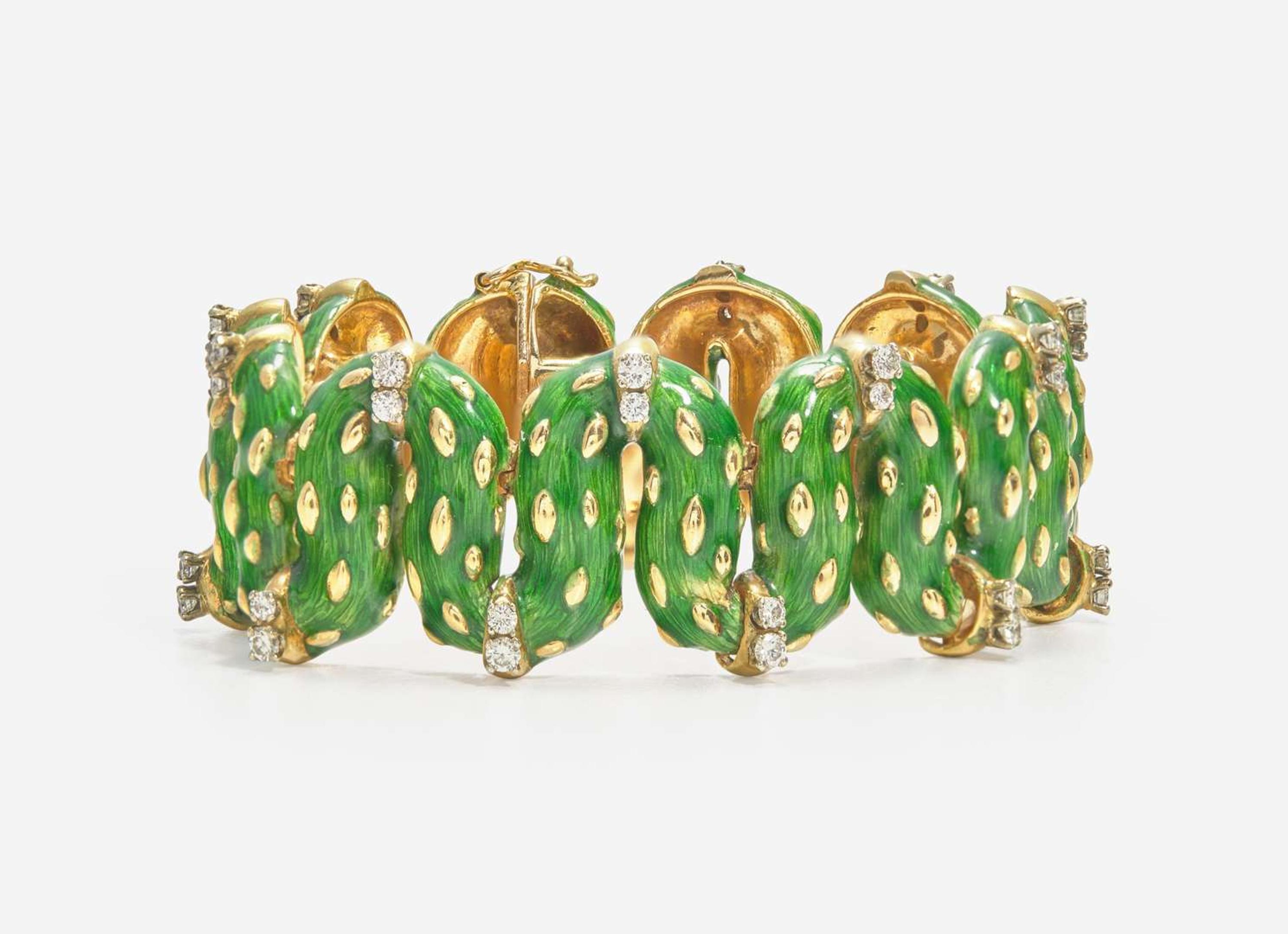 An 18K Yellow Gold, Enamel, and Diamond Bracelet