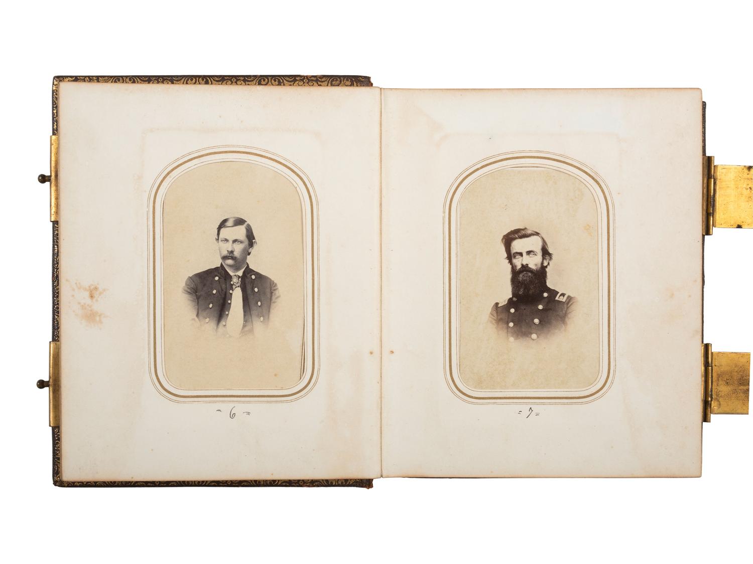 [CIVIL WAR - EARLY PHOTOGRAPHY]. Indiana CDV album featuring Civil War soldiers and a campus view of Valparaiso University.