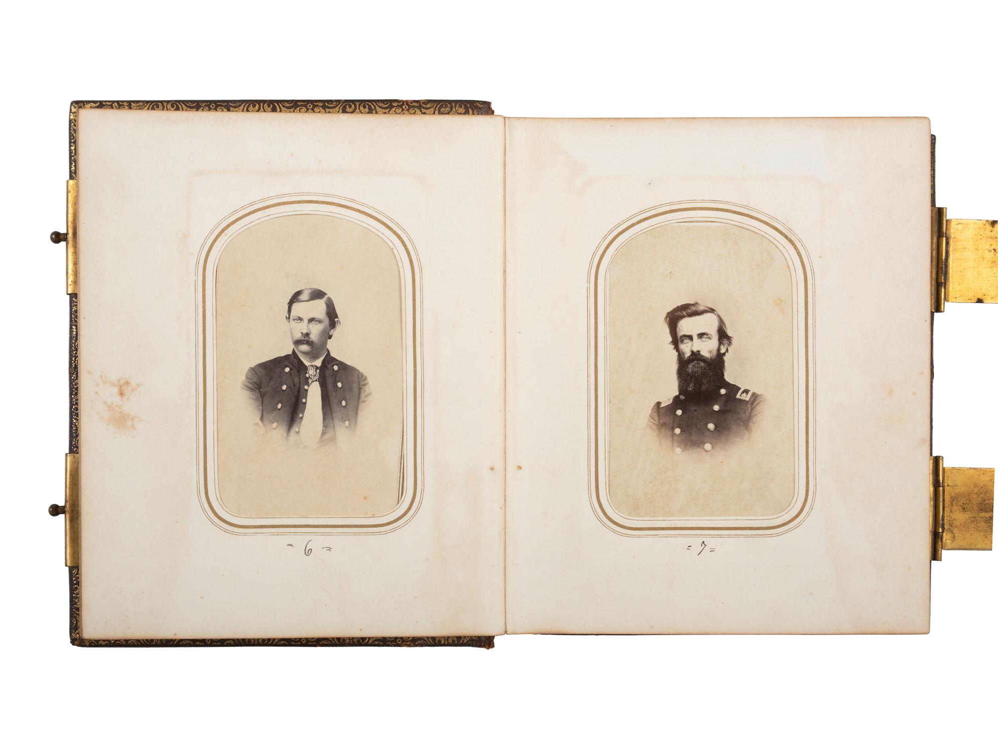 [CIVIL WAR - EARLY PHOTOGRAPHY]. Indiana CDV album featuring Civil War soldiers and a campus view of Valparaiso University.