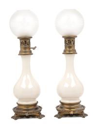 A Pair of French Opaline Glass Fluid Lamps with Etched Glass Shades Converted to Electricity