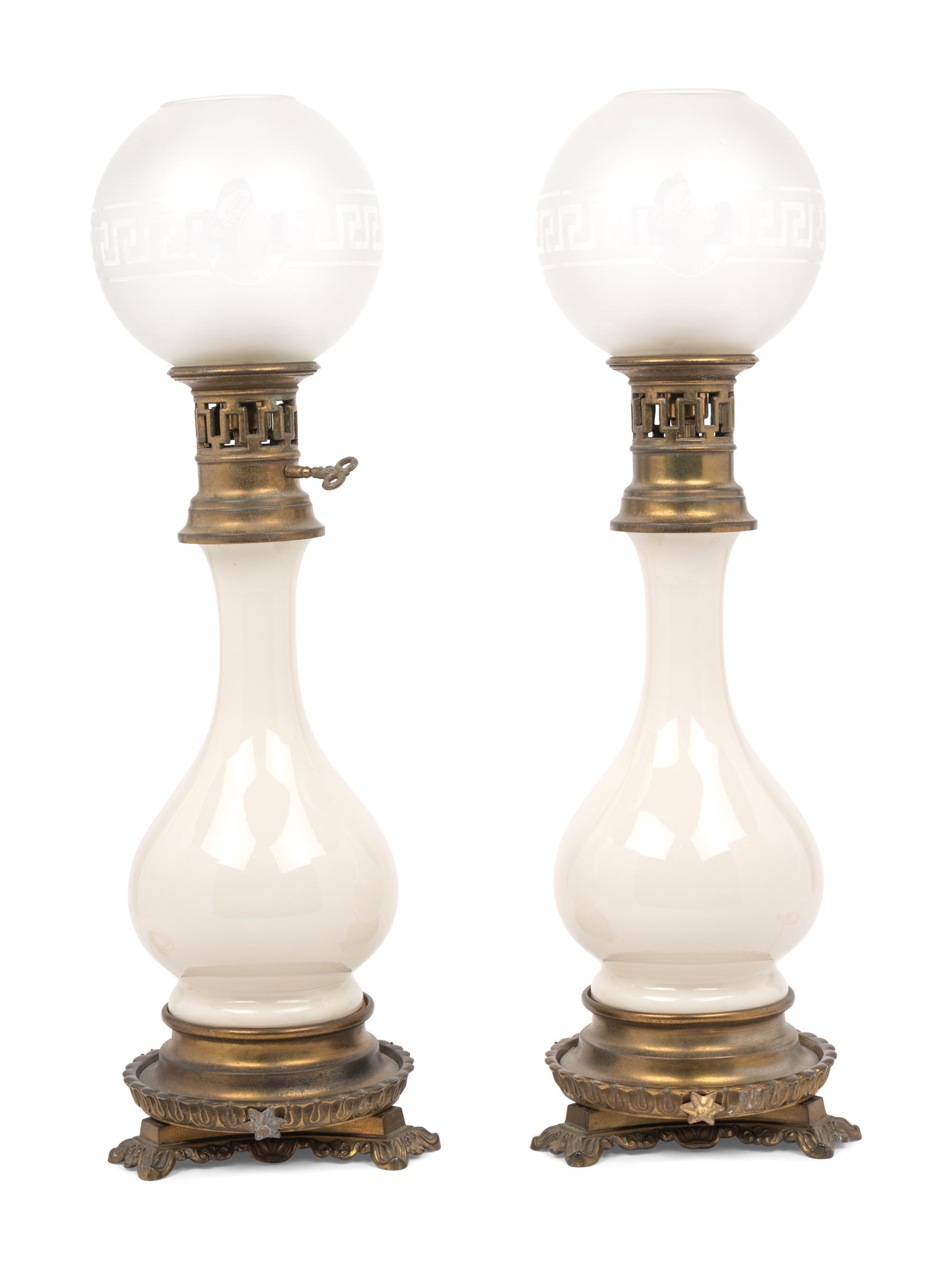 A Pair of French Opaline Glass Fluid Lamps with Etched Glass Shades Converted to Electricity