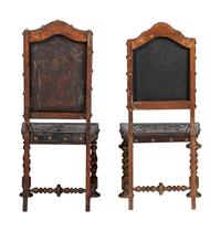 Six Mizner Carved Walnut and Embossed Leather Back Side Chairs