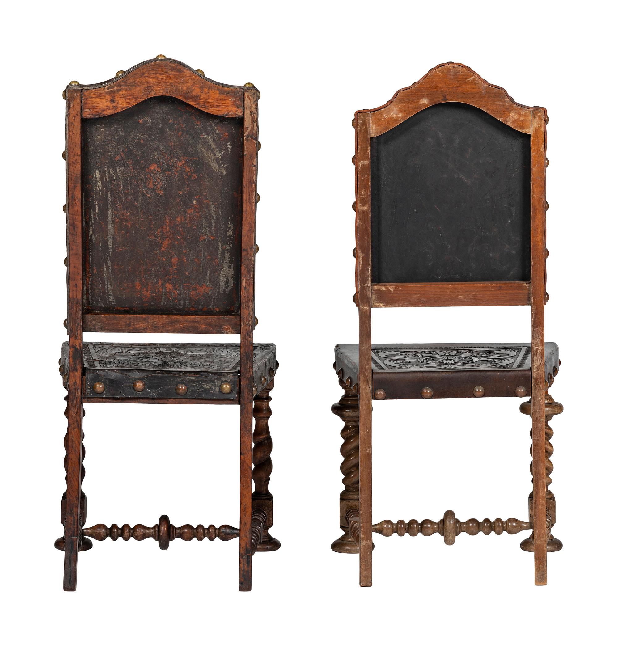 Six Mizner Carved Walnut and Embossed Leather Back Side Chairs