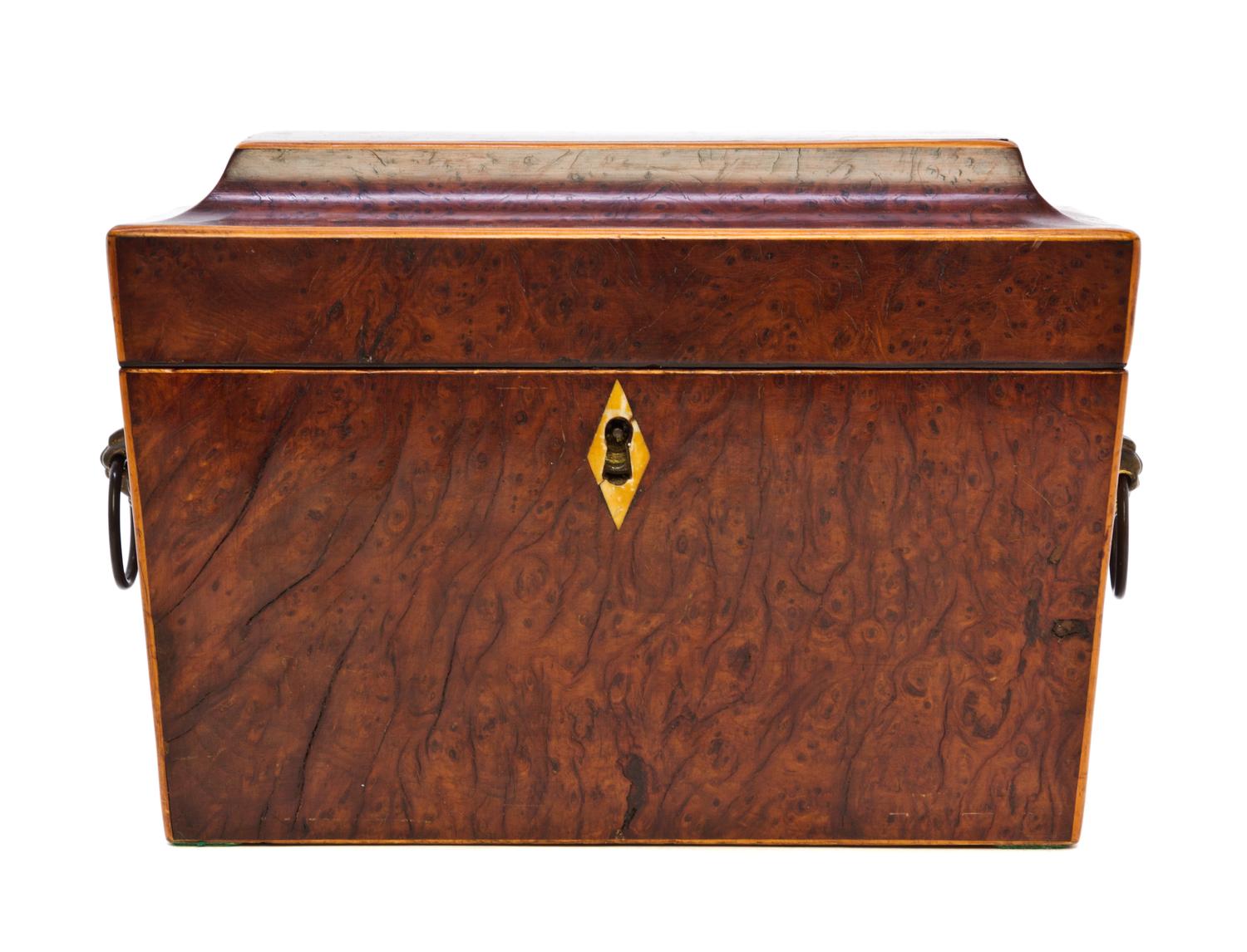 An English Burlwood Tea Caddy, Width 8 1/2 inches.