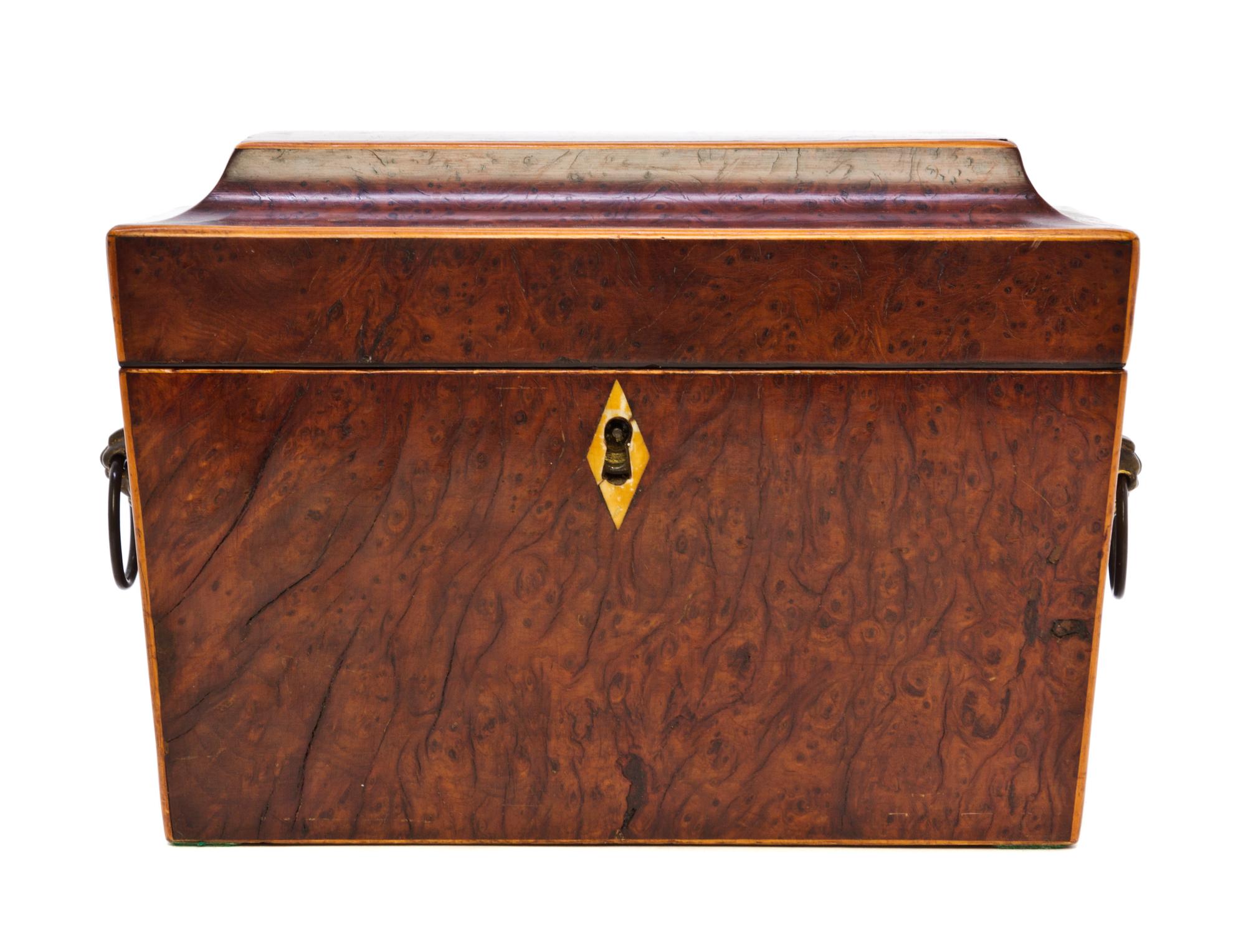 An English Burlwood Tea Caddy, Width 8 1/2 inches.