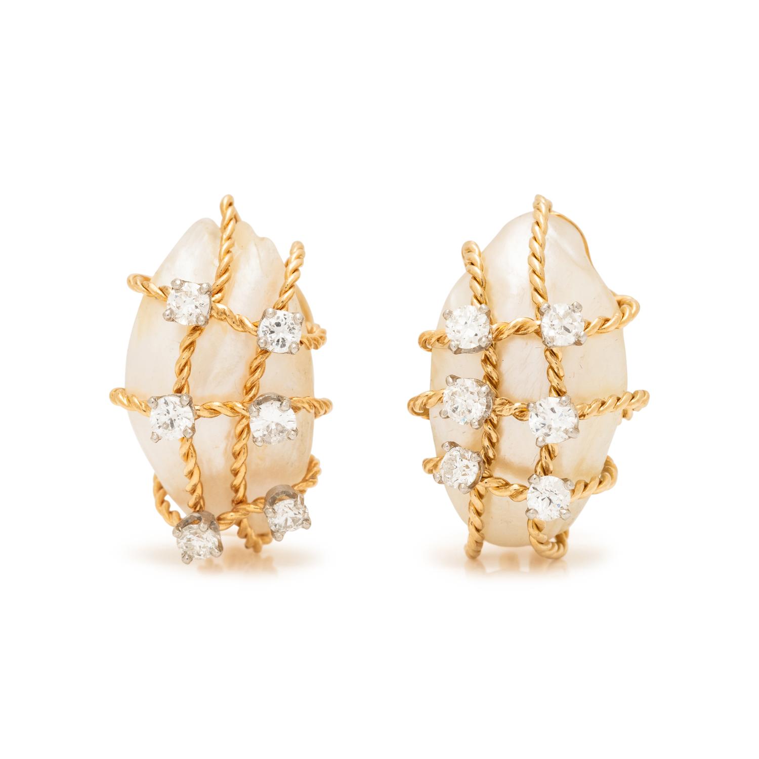 YELLOW GOLD, SHELL, AND DIAMOND EARRINGS