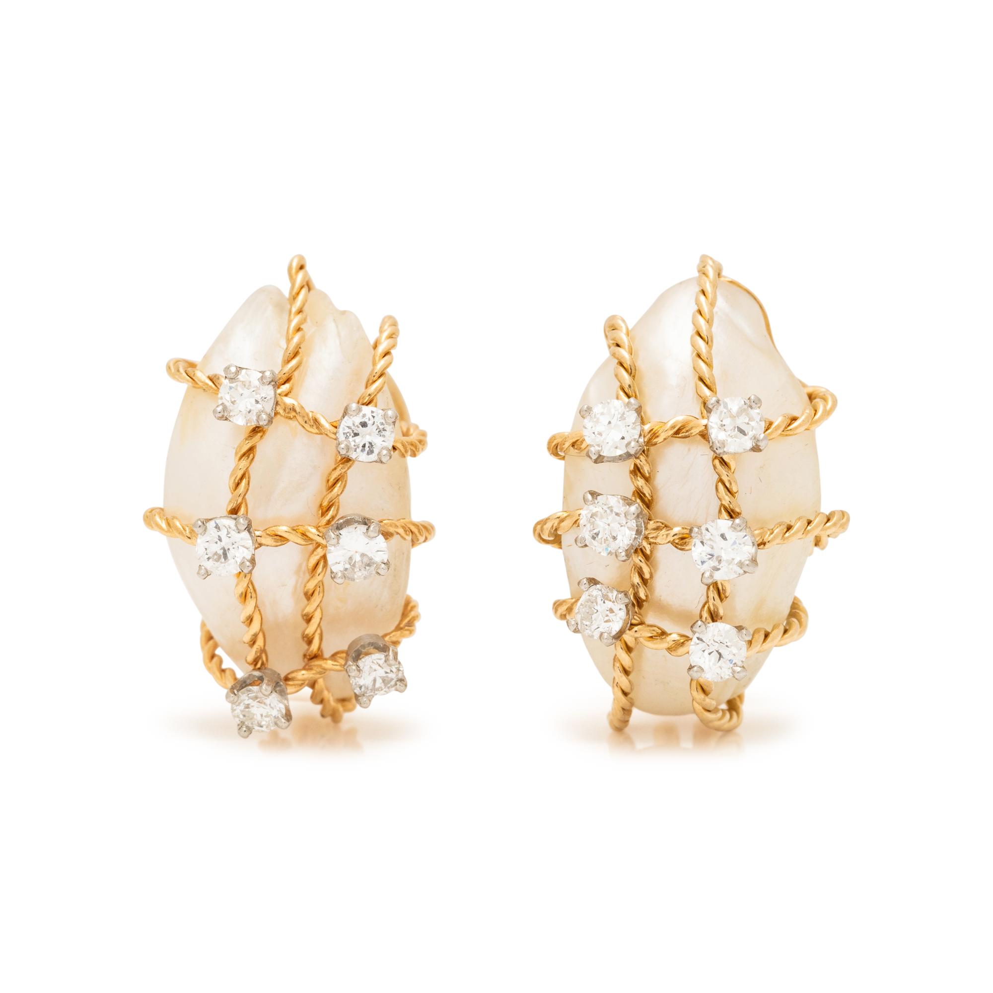 YELLOW GOLD, SHELL, AND DIAMOND EARRINGS