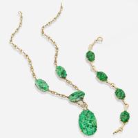 A Set of 14K Yellow Gold and Jadeite Necklace and Bracelet