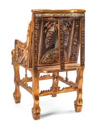 An Egyptian Style Painted Giltwood and Mother-of-Pearl Inlaid Throne Chair