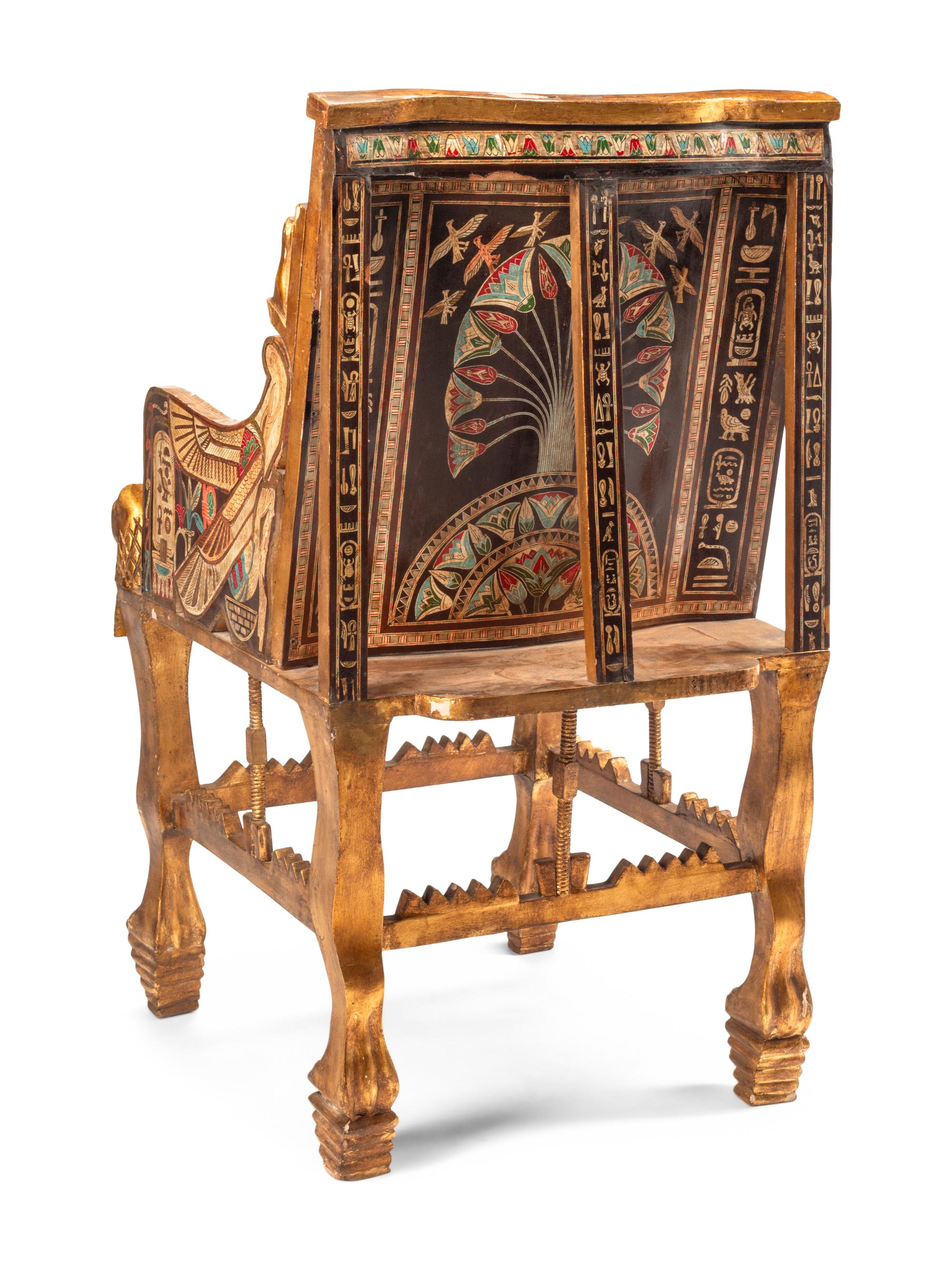 An Egyptian Style Painted Giltwood and Mother-of-Pearl Inlaid Throne Chair