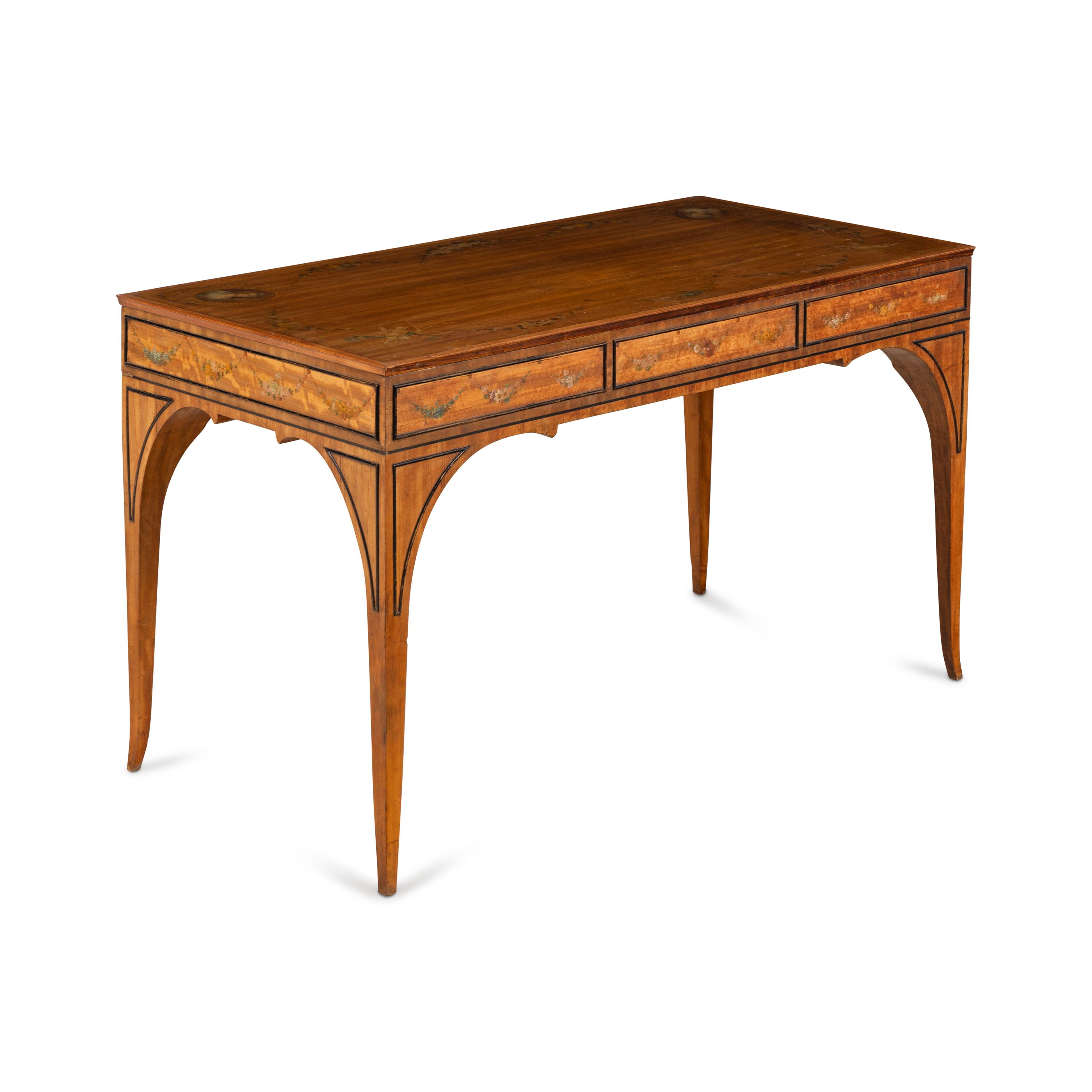 An Edwardian Satinwood and Polychrome Painted Library Table
