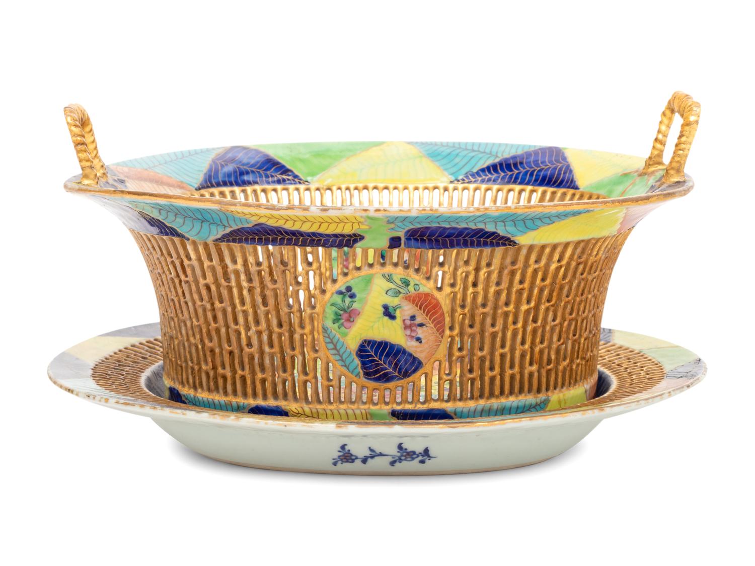 A Chinese Export Tobacco Leaf Reticulated Porcelain Basket and Underplate