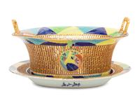 A Chinese Export Tobacco Leaf Reticulated Porcelain Basket and Underplate