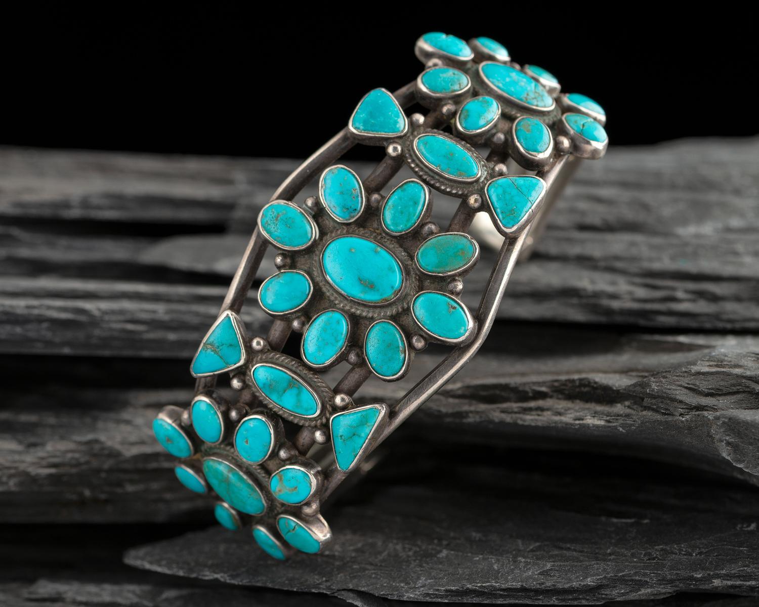 Navajo Silver and Blue Gem Turquoise Cluster Cuff Bracelet
