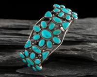 Navajo Silver and Blue Gem Turquoise Cluster Cuff Bracelet