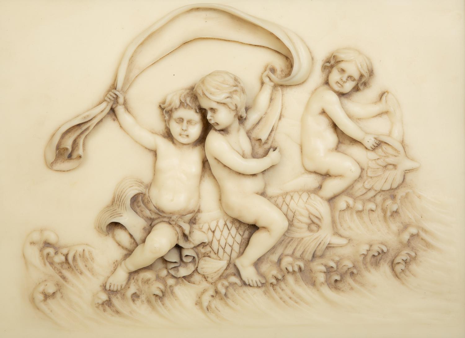 Four Faux Marble Resin Bas Relief Panels of Putti and Classical Figures