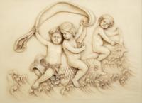 Four Faux Marble Resin Bas Relief Panels of Putti and Classical Figures